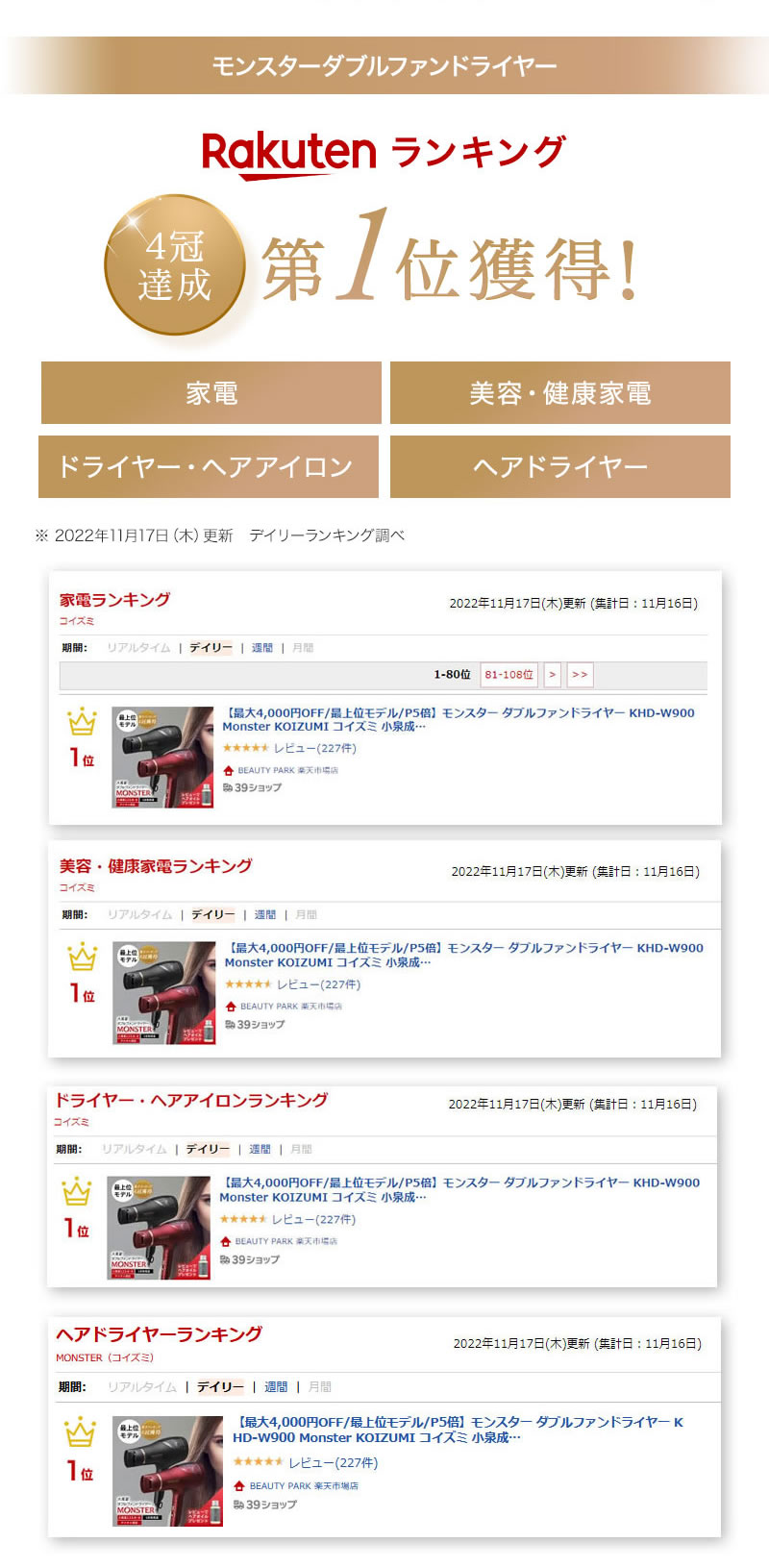 Monster モンスター ダブルファンドライヤー KHD-W820 楽天ランキング